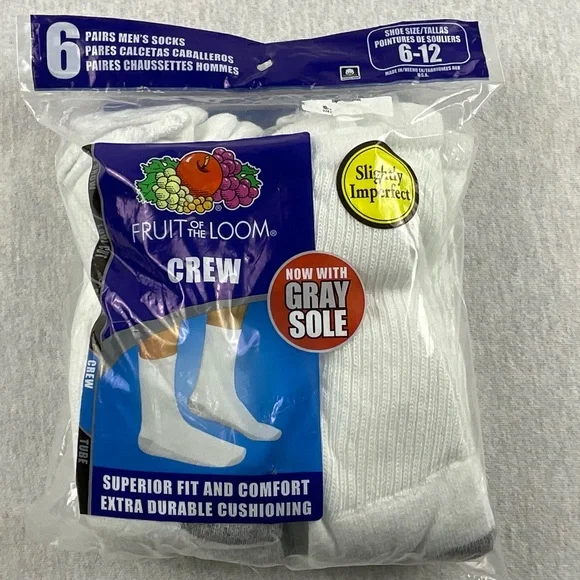 FRUIT OF THE LOOM COTTON BLEND MEN’S CREW SOCKS SLIGHTLY IMPERFECT 6 PAIRS WHITE - Picture 1 of 8